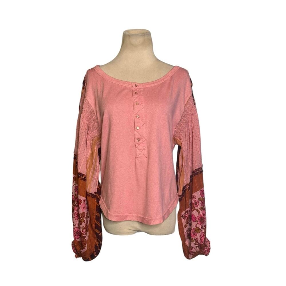 Free People Pink Light Magic  Balloon Sleeves Henley top size XS